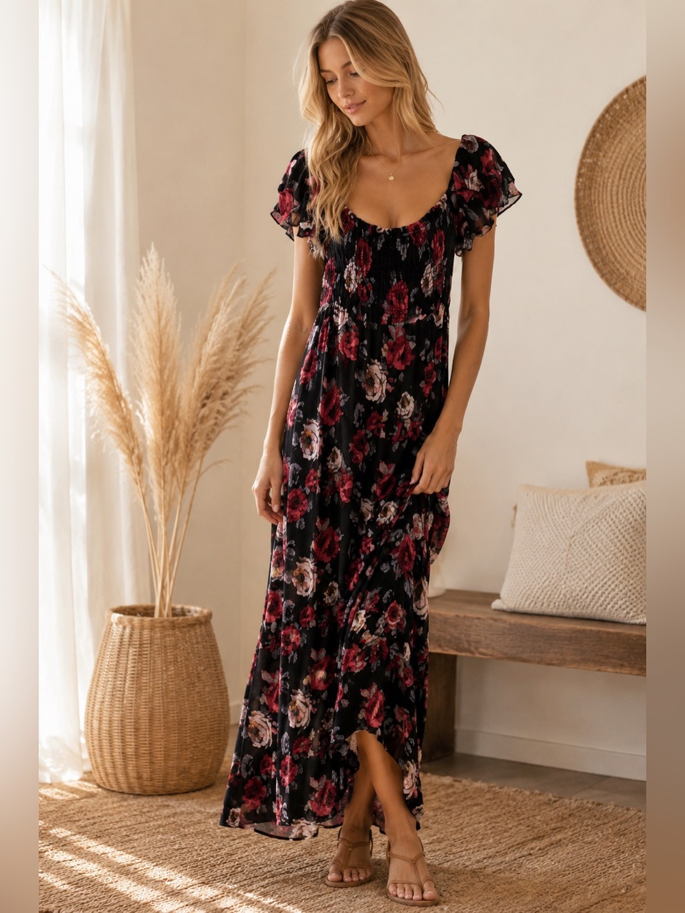 Altar'd State Black Maxi Dress with Red and Blush Floral Print
